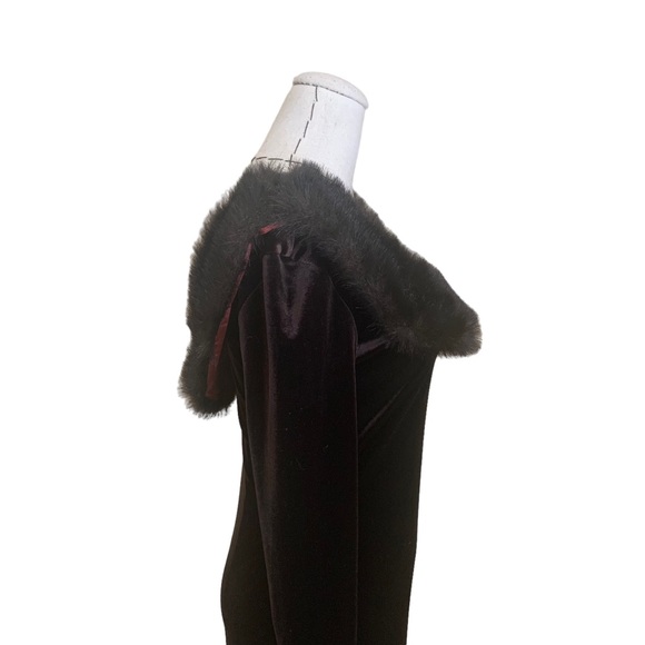 Vintage 90s Chocolate Brown Stretch Velvet Faux Fur Collar Maxi Dress Small - Picture 4 of 12